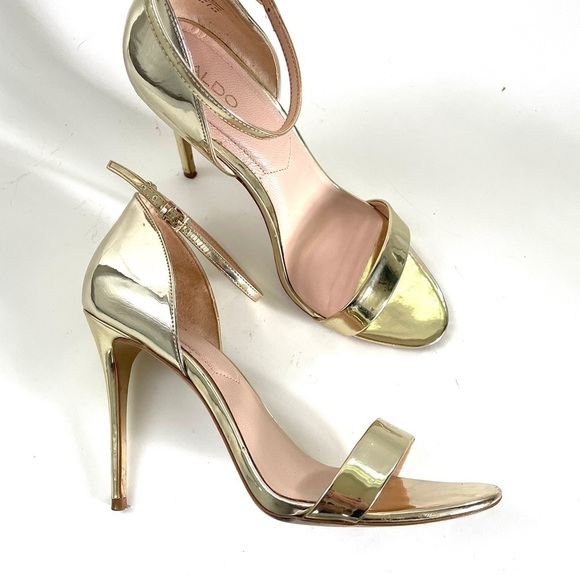 Aldo Patent Leather Polesia Gold Metallic Ankle Strap Stiletto High Heel Shoe 8 - Picture 1 of 12